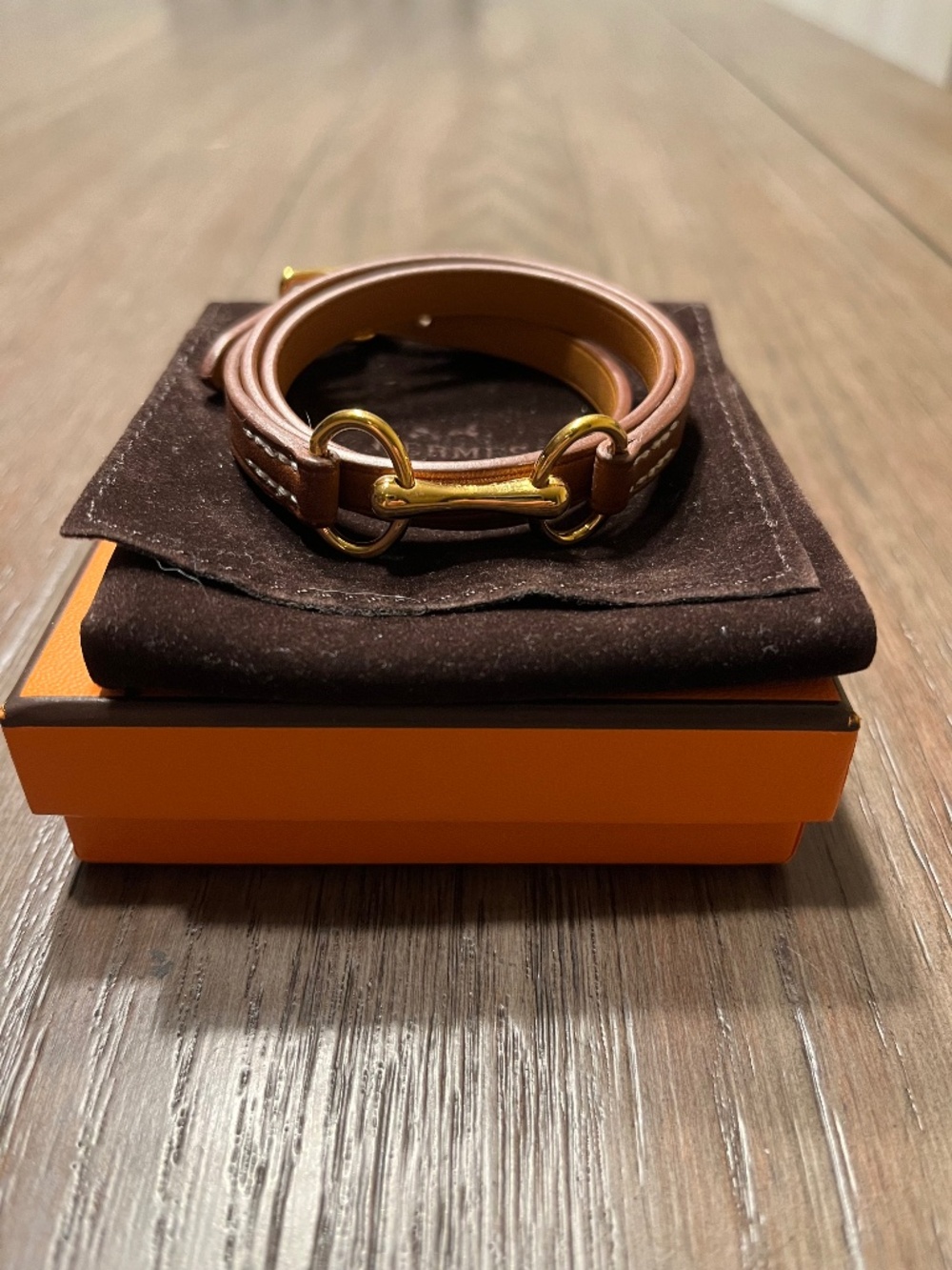 Hermes Filet D’Or Leather Wrap Bracelet Brown